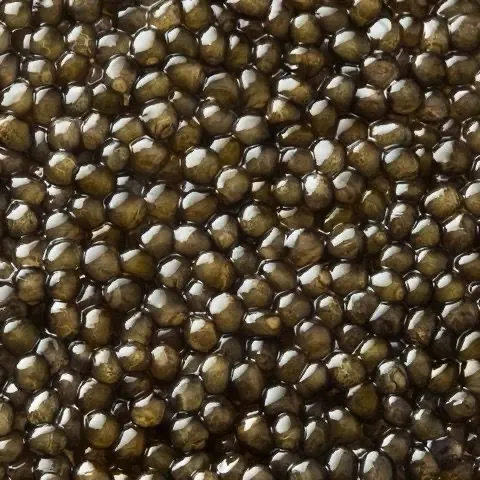 Dark, glossy caviar pearls