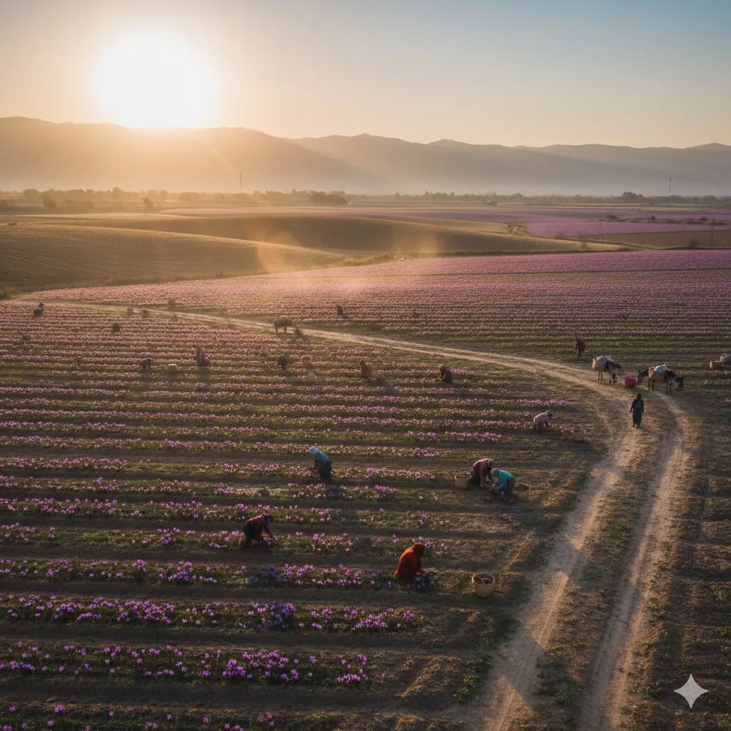 Saffron fields in bloom at sunrise