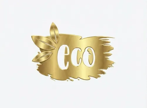 Gold “eco” text with green leaves on a light background.