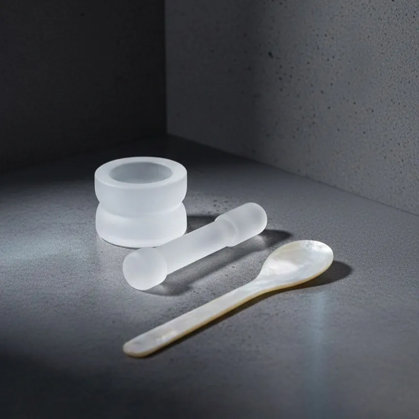 Crystal mortar and pestle with a mother-of-pearl spoon
