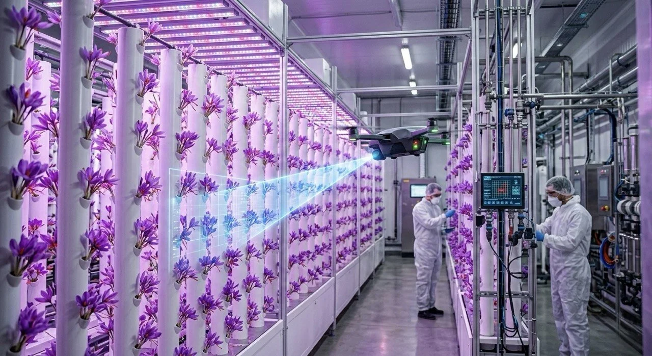 Saffron corms flowering in a precision-controlled hydroponic vertical farm system with calibrated LED spectrum lighting