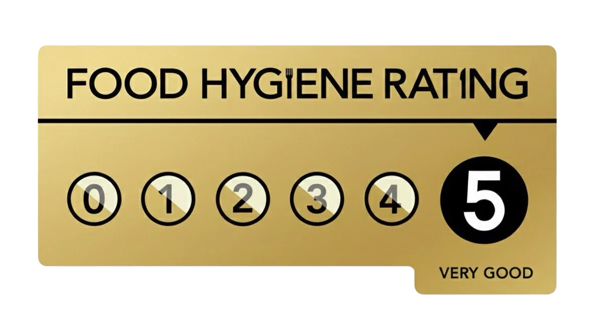 Gold food hygiene rating badge displaying “5 - Very Good”.