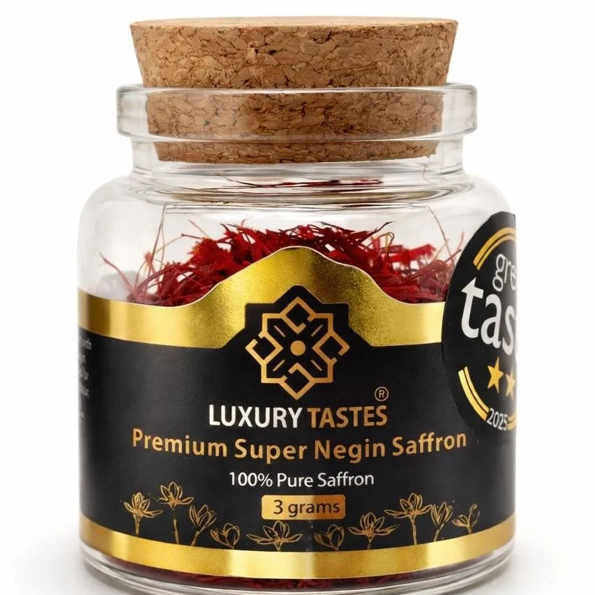 Glass jar of premium super negin saffron with a cork lid and decorative label.