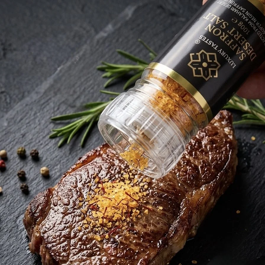 Saffron Desert Salt being ground over a steak.