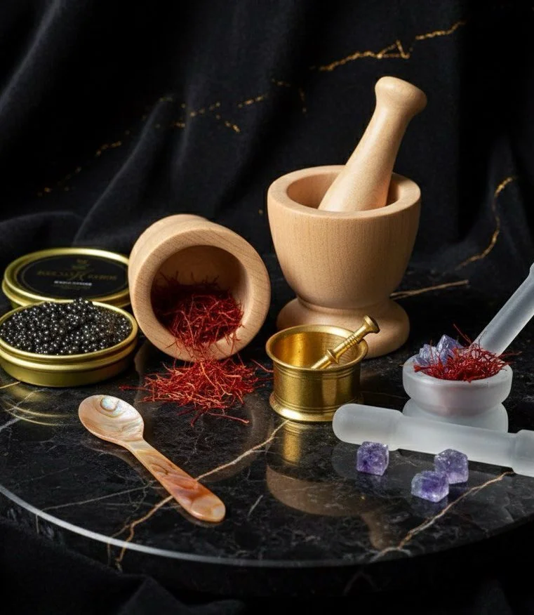 Saffron, caviar and blue salt with mortars and pestles on dark marble