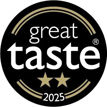 Black circular logo with “great taste” and two stars for 2025.