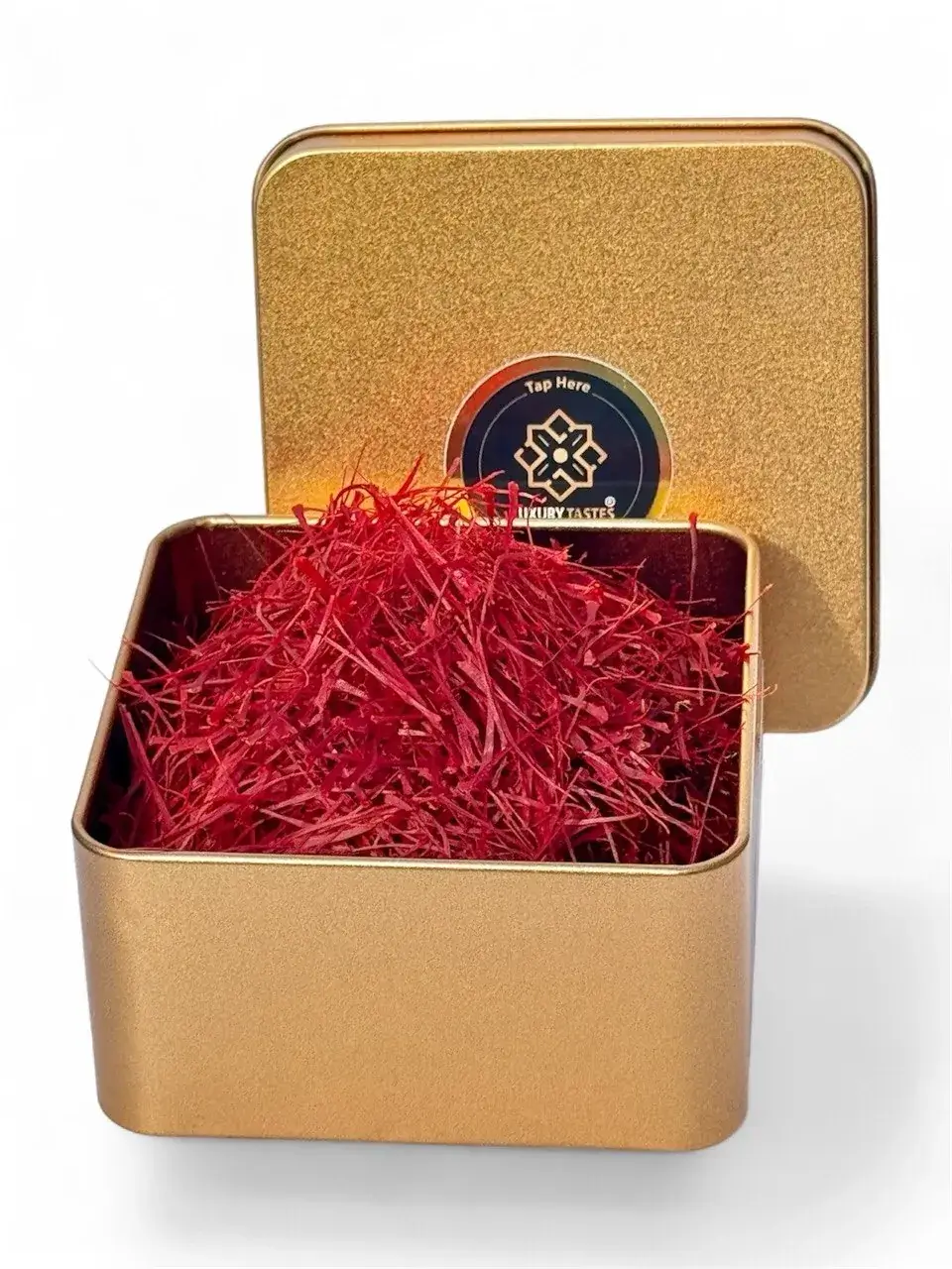Open gold tin filled with 10 g of Super Negin saffron threads