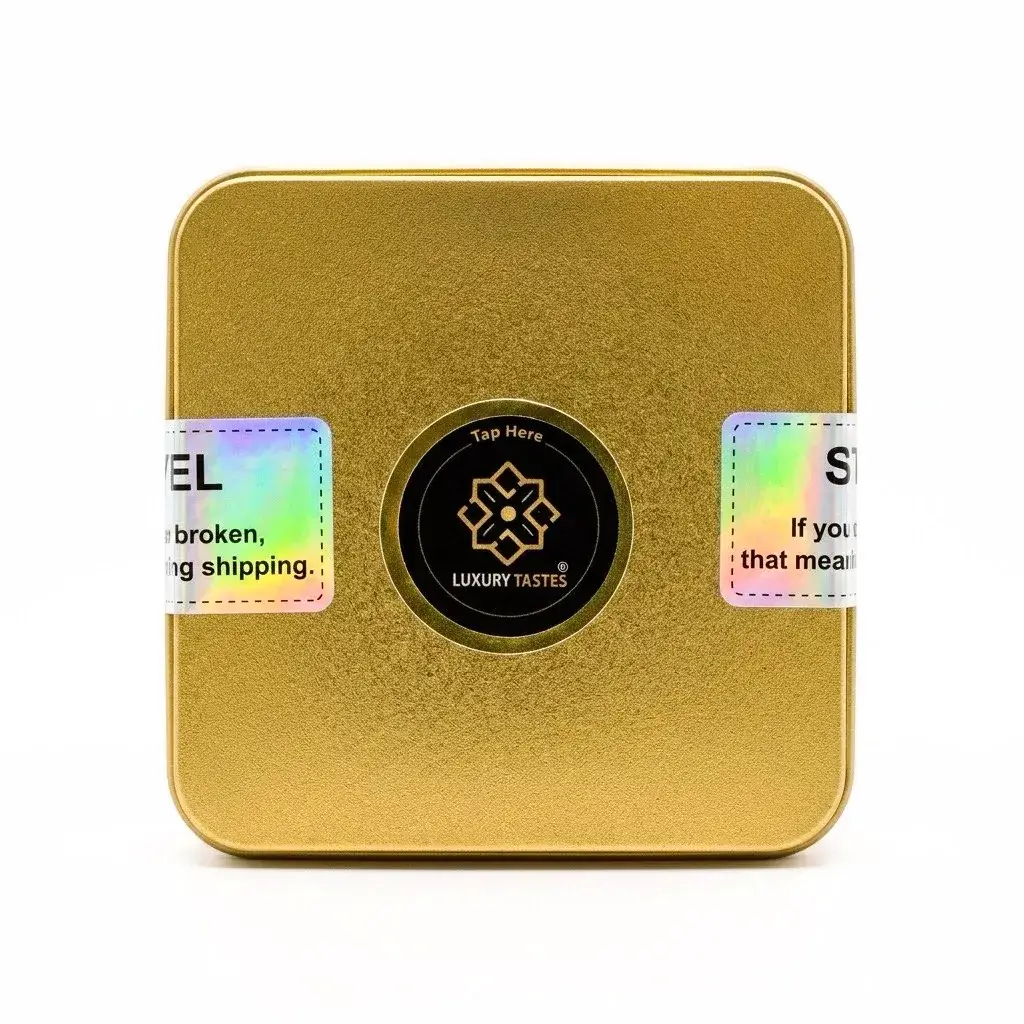 Gold 10 g saffron tin with holographic tamper-evident seal