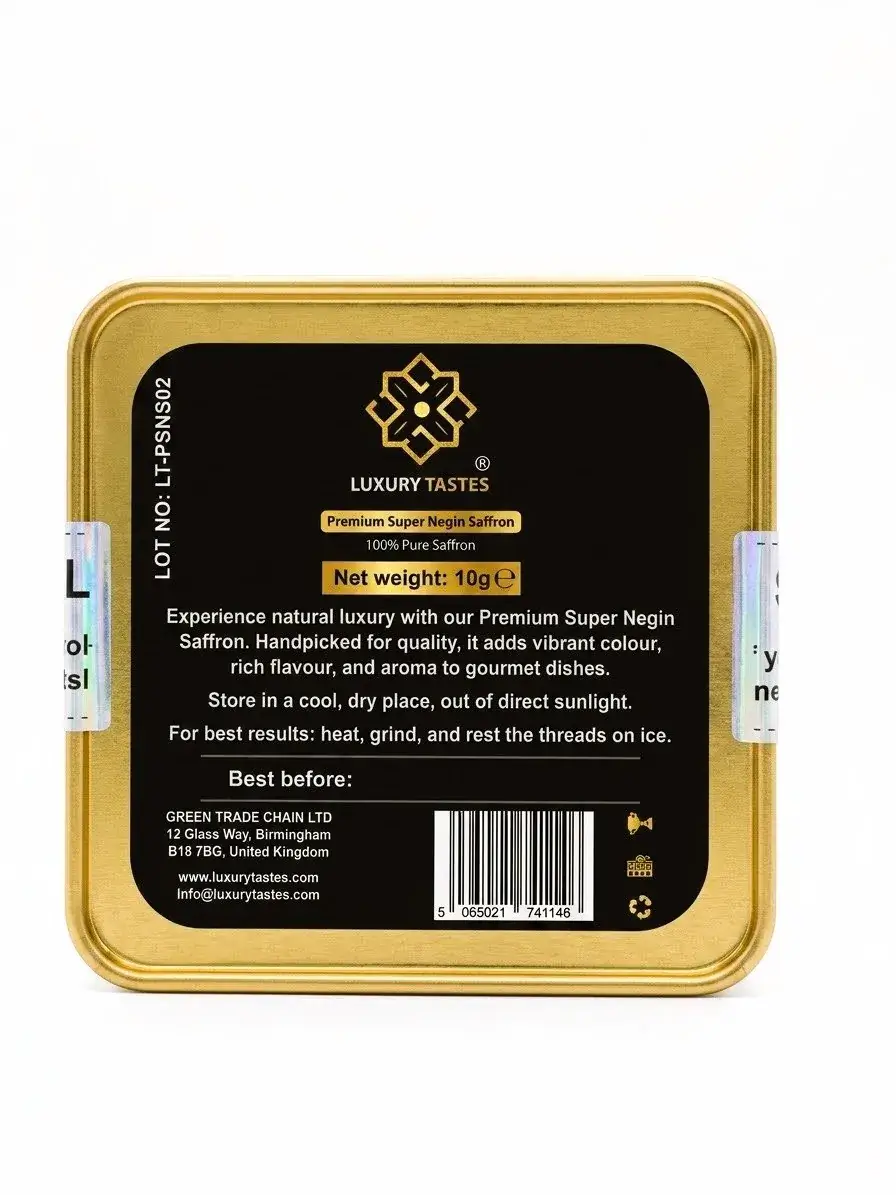 Back label of the 10 g gold saffron tin