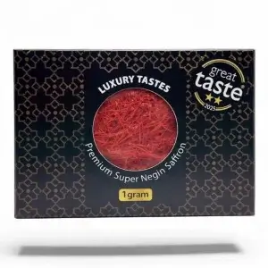 Luxury Tastes 1 g Super Negin saffron gift box, front view