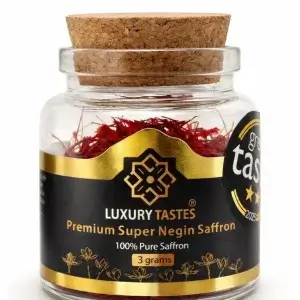 3 g jar of Luxury Tastes Super Negin saffron with cork lid