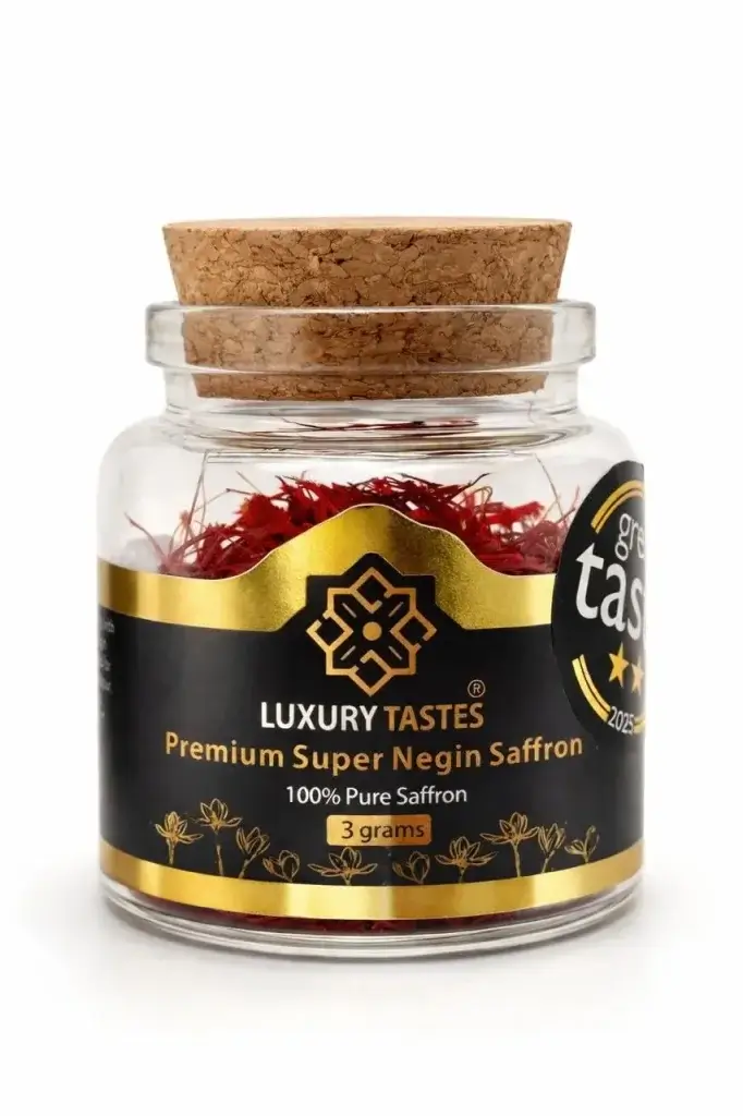 3 g jar of Luxury Tastes Super Negin saffron with cork lid