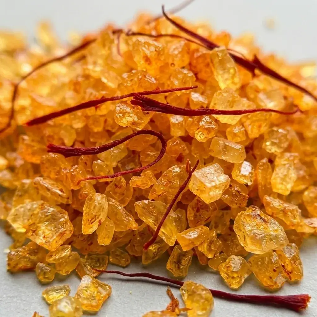 Macro of golden saffron-infused desert salt crystals